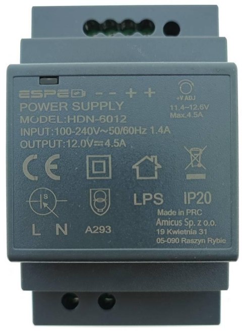 ZASILACZ IMPULSOWY NA SZYNĘ DIN ESPE HDN-6012 12V/54W/4.5A ZASILACZ IMPULSOWY NA SZYNĘ DIN ESPE HDN-6012 12V/54W/4.5A